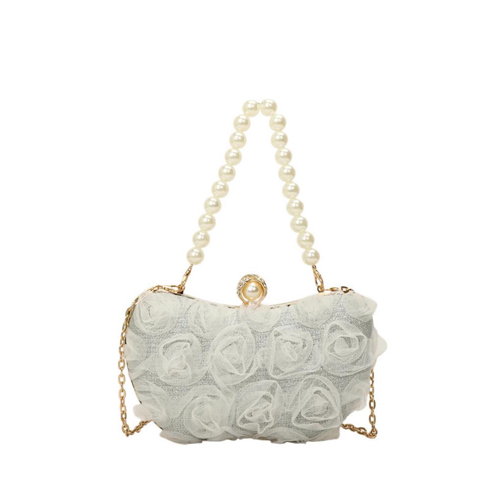 Wedding Evening Clutch Romantic Metal Chain Crossbody Bag Pearl Handle Clutch Elegant Lace Flower Evening Bag For Wedding