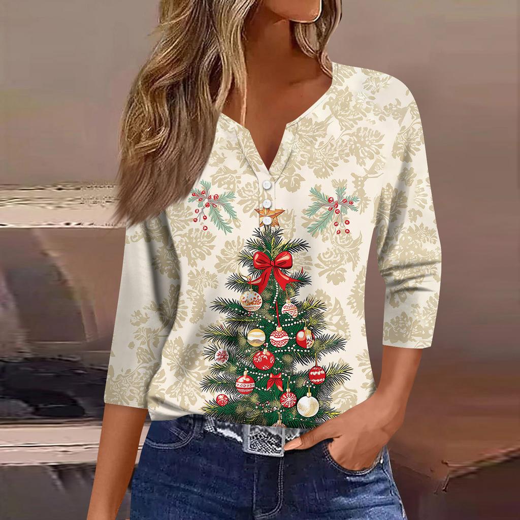 Women's Fashion Casual Three-quarter Sleeve V-neck Floral Print Top