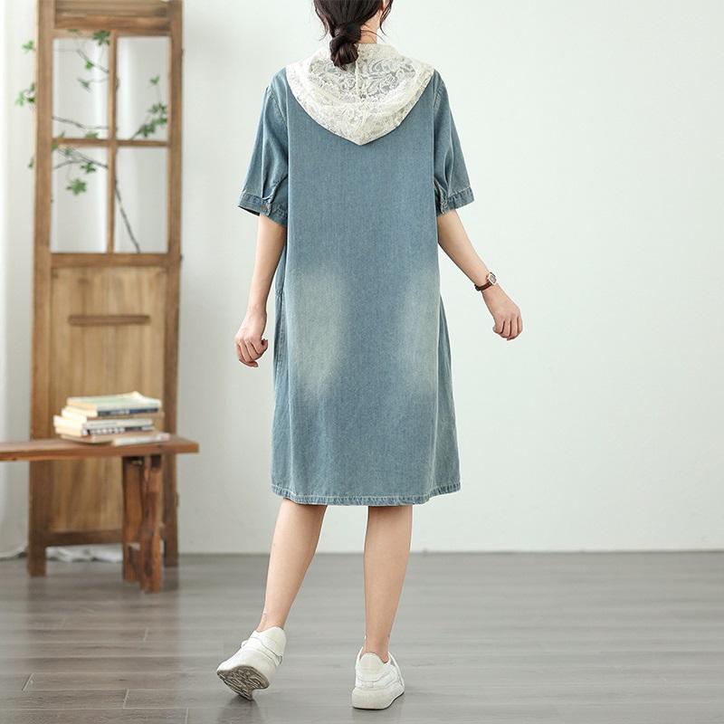 Rochie midi de vară casual largă cu mânecă scurtă, mărime plus, denim dantelă vintage, nou în rochii pentru femei