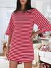 Women's Cotton Striped Mini Dress 3/4 Sleeve Loose Fit with Side Pockets