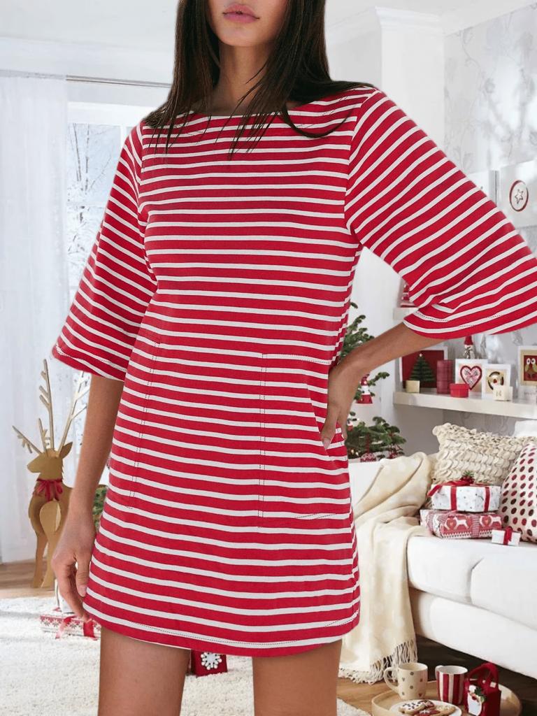 Women's Cotton Striped Mini Dress 3/4 Sleeve Loose Fit with Side Pockets