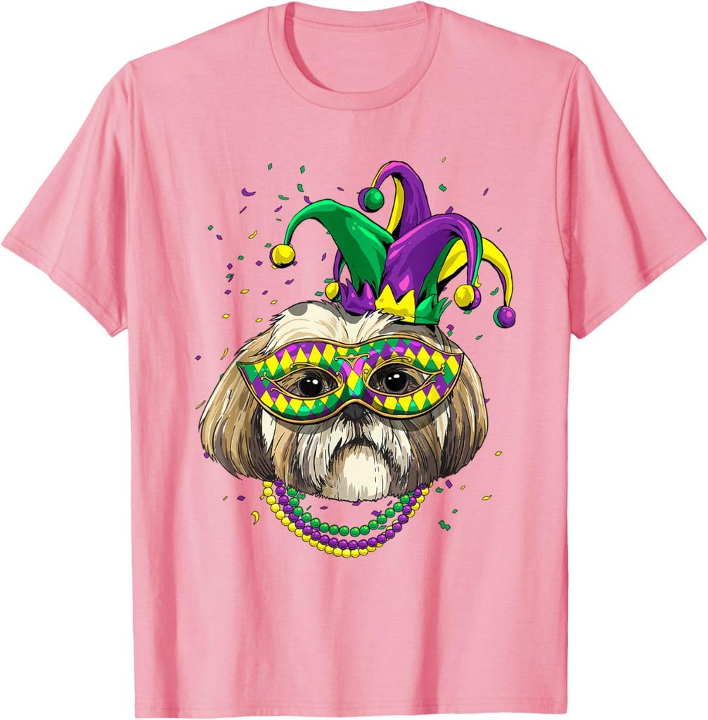 Shih Tzu Mardi Gras  Dog Graphic Tee Breathable Cotton Casual T-Shirt for Dog Lovers