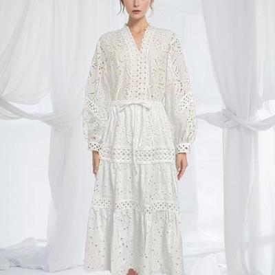 2023 Fall V-Neck Lantern Sleeve Top & Elastic Waist Hollow Skirt Set for Women