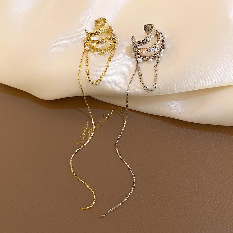Luxury Multi-Layer Clip Earrings For Women Geometric Shiny Zircon Pearl Ear Bone No Pierced Long Chain Tassel Earring
