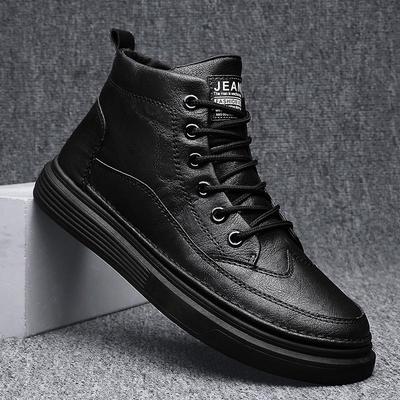 Chaussures montantes décontractées en cuir pour hommes, style britannique, printemps 2025 - Tendance, à semelles épaisses, noires, chaussures de ville