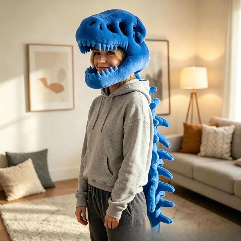 Dinosaur Skeleton Head Hood Plush Costume with Bone Frame for Kids Adults, Cute Dinosaur Skeleton Suit Cosplay Toy Gift 90/120cm