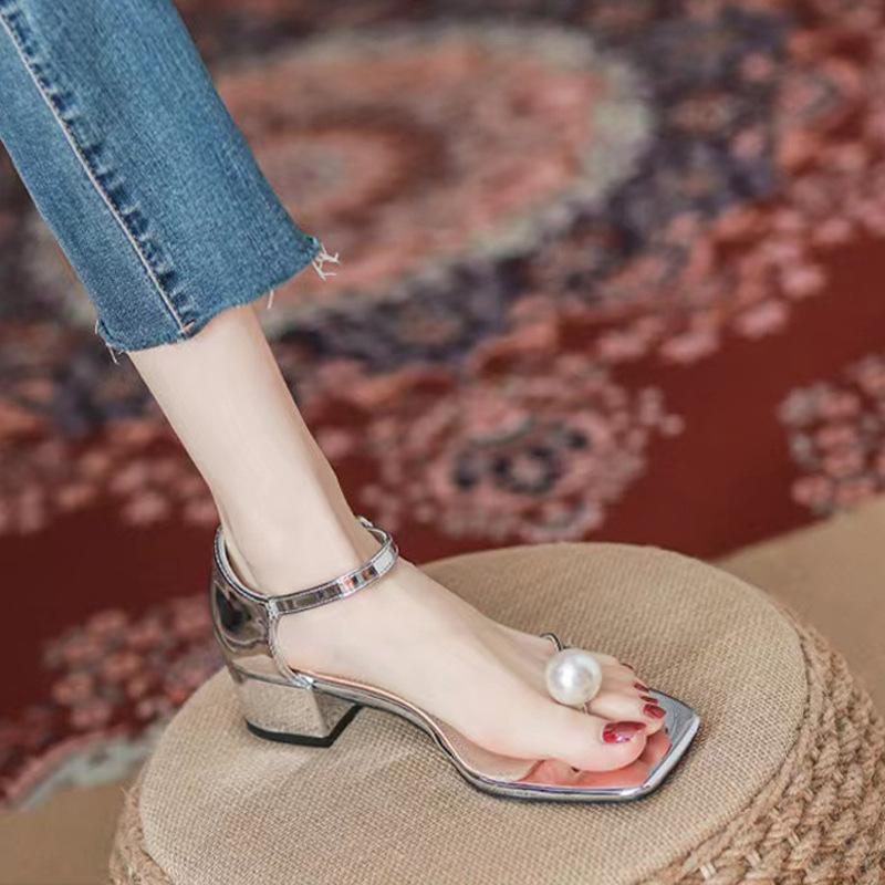 

Pearl toe thick high-heeled sandals women s new summer versatile skirt beach shoes 35
