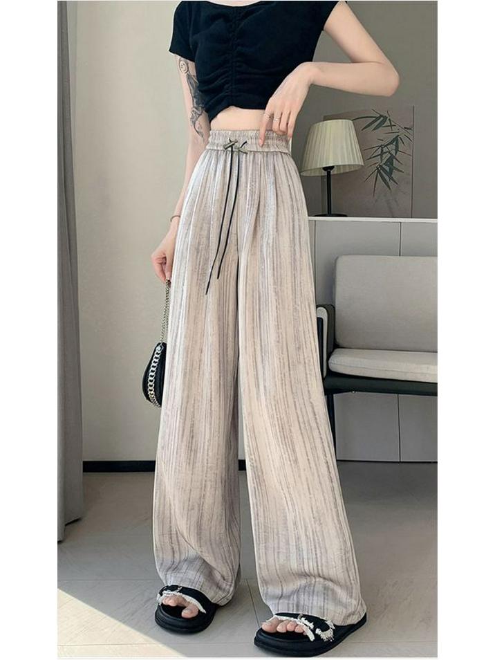 Pantaloni cu picior larg din mătase de gheață satinată cu imprimeu cerneală, stil subțire pentru vara 2025, design cool Yamamoto cu drapaj plisat.