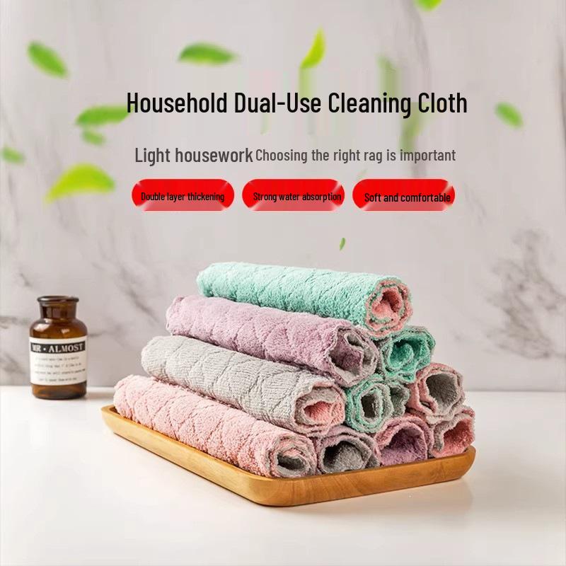Coral Fleece Double-Sided Absorbent Kitchen Cloth - Thick, Two-Tone, Stain-Removing, Non-Shedding Dish Towel