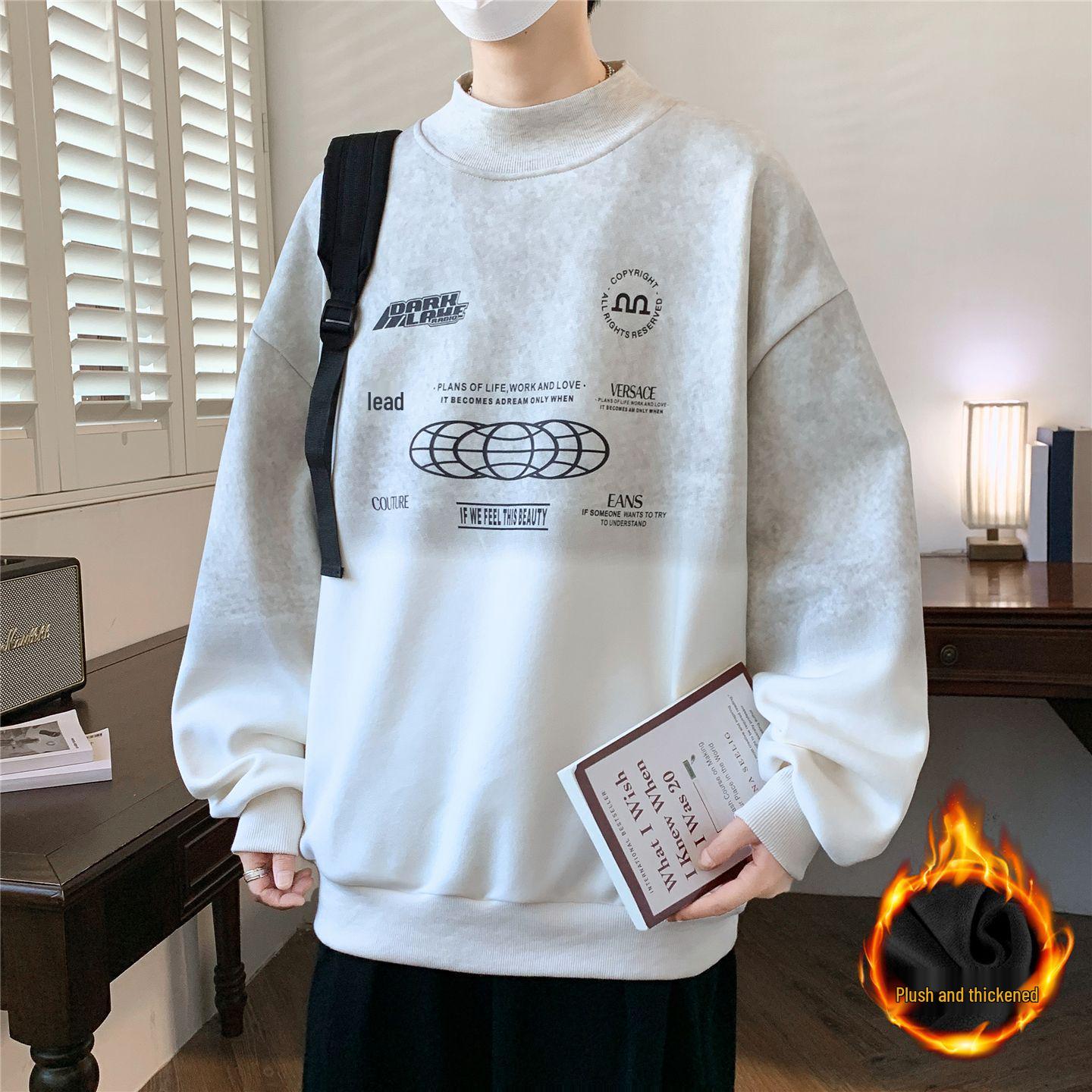 Men s Fleece-Lined Hoodie, Autumn/Winter Style, Half-High Collar, Long-Sleeved Raglan Tee L (50-57.5 kg)