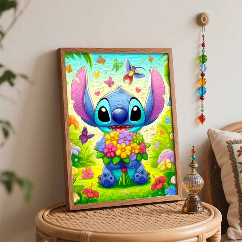 Disney Stitch Flower Digital Oil Painting DIY HandPainted Coloring Art Home Decoration, Beautiful Cartoon Wall Art Decor Paint By Numbers