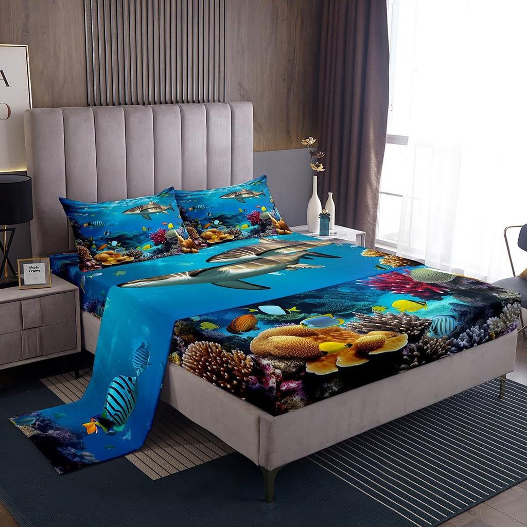 Ocean Submarine Creature Pattern Mattress Four-Piece Bedding Set Bedroom Dormitory Bedding Decoration