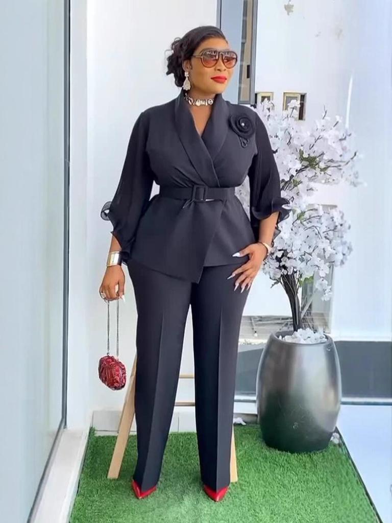 Women's Plus Size Waist-Cinched Black Suit Set with Ruffle Sleeves and 3D Flower Blazer