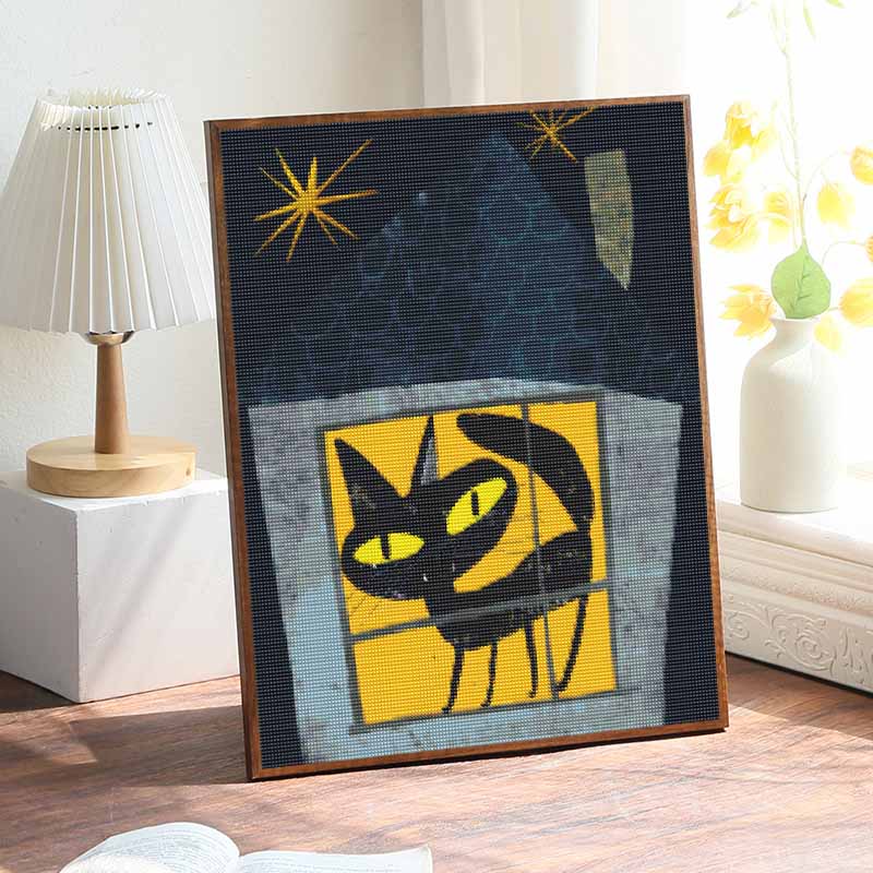 Full Drill Diamond Painting Kit Black Cat In Window At Night Design Relaxing Creative Craft for Home Wall Decoration Art Hobby Project