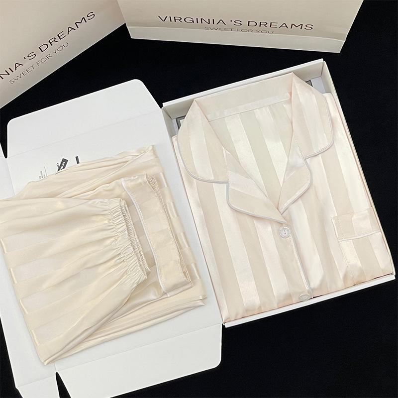 High-End Striped Long-Sleeved Trousers Pajamas Women'S Spring And Summer New Simple Solid-Color Loungewear Real Shot