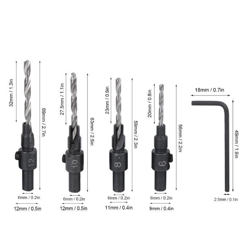 4 ks Záhlubník Kuželový Kulatý Dřík Klíč Ruční Nástroj Dřevoobráběcí Příslušenství