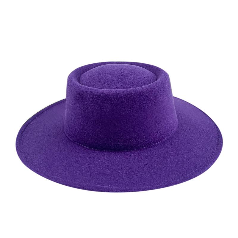 British style solid color big brim flat top top top hat French fashion jazz flat top woolen hat autumn and winter felt hat