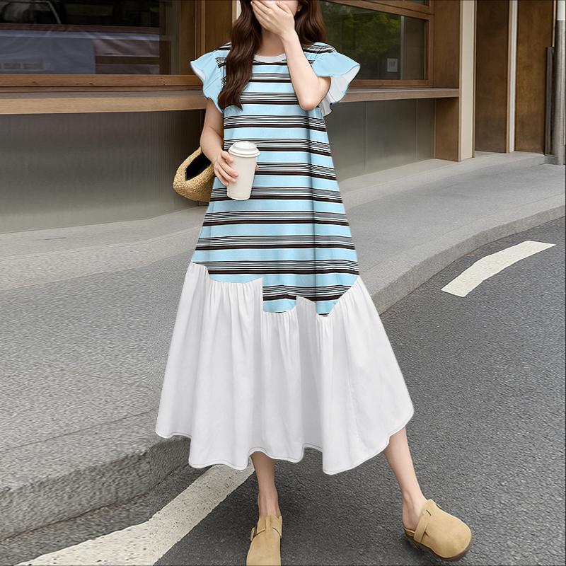ZANZEA Women Round Neck Ruffles Short Sleeve Casual Stripe Patchwork Long Dress