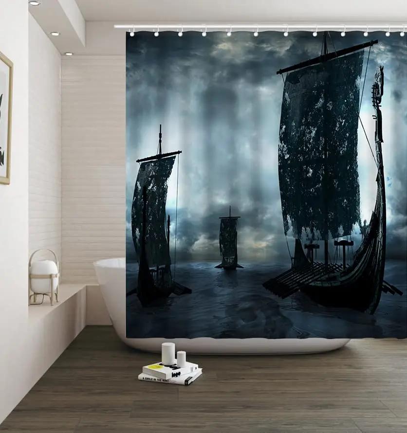 Pirate Ship Shower Curtain for Nautical Bathroom Fantasy Ocean Vintage Pirate Ship Bath Curtains Polyester Decor with 12 Hooks