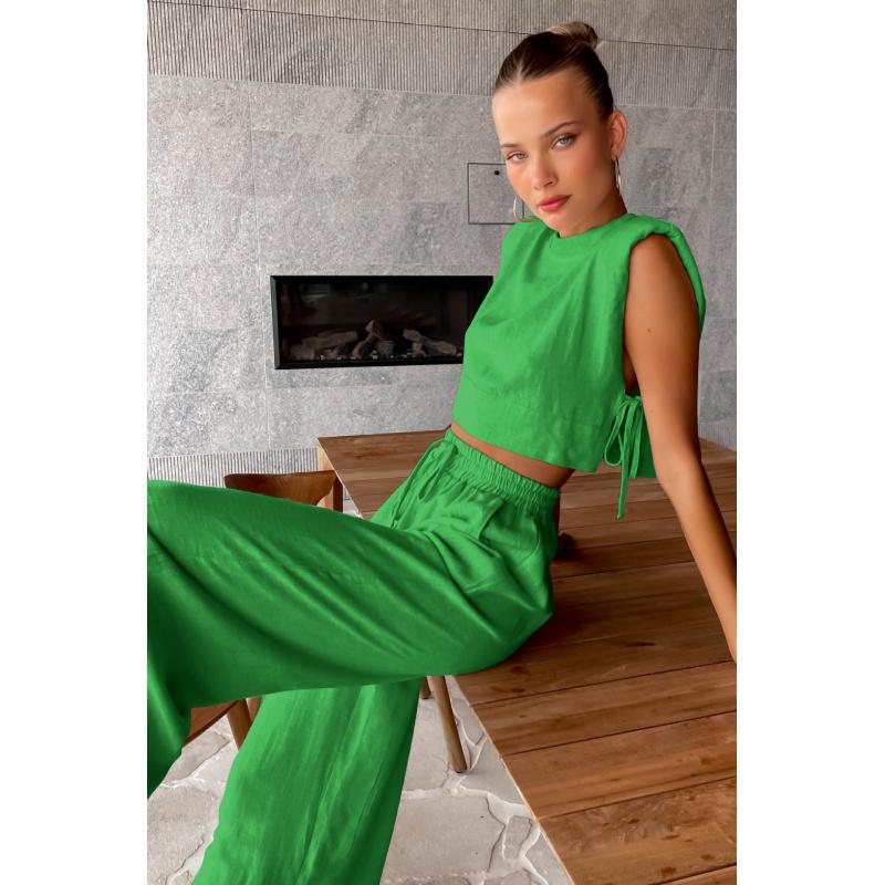 Fashion Cotton-Linen Women Summer Outfit Sleeveless Top And Long Pants Two-Piece Casual Set