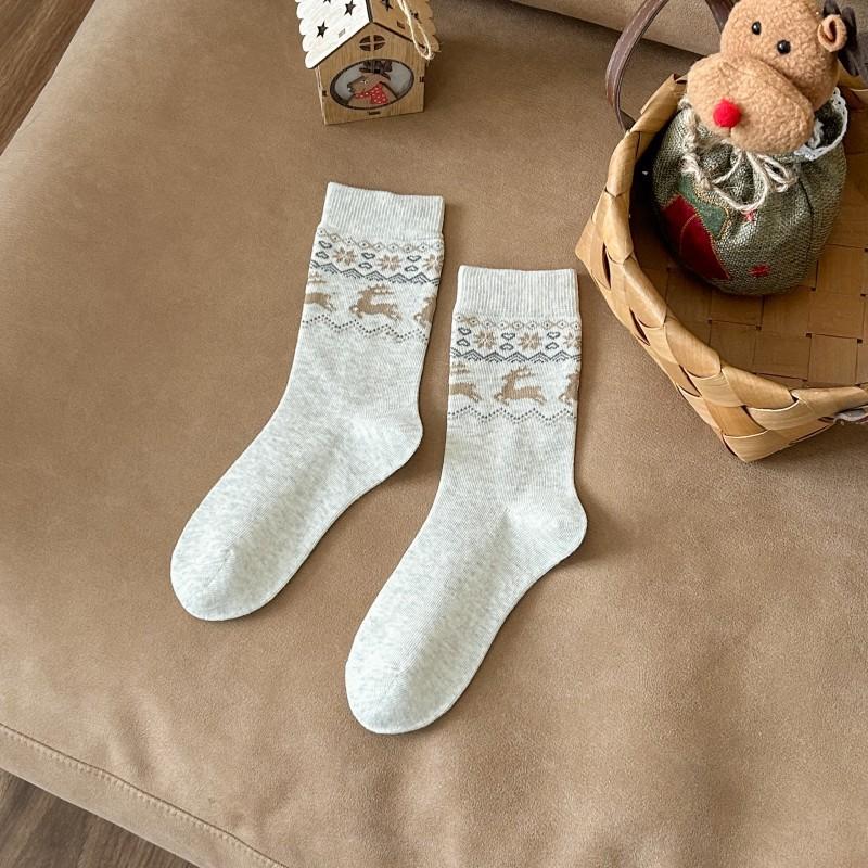 

Серые носки, женские ретро хлопковые носки с оленями, носки до середины икры для осени и зимы, этнический стиль, махровые длинные носки до икры 1 pair бежевый