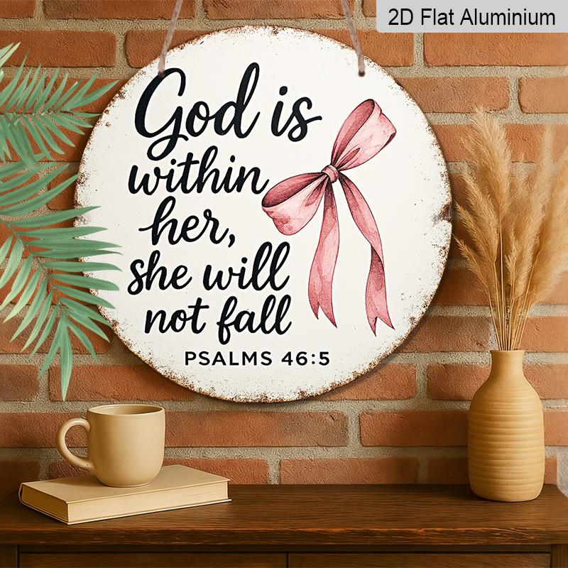 2D Flat - [2D Flat]1pc 7.87 X 7.87Inch (20 X 20Cm) Exquisite Metal Poster. Pink Bow & Inspirational Bible Verse God Is Within Her, She Will Not Fall