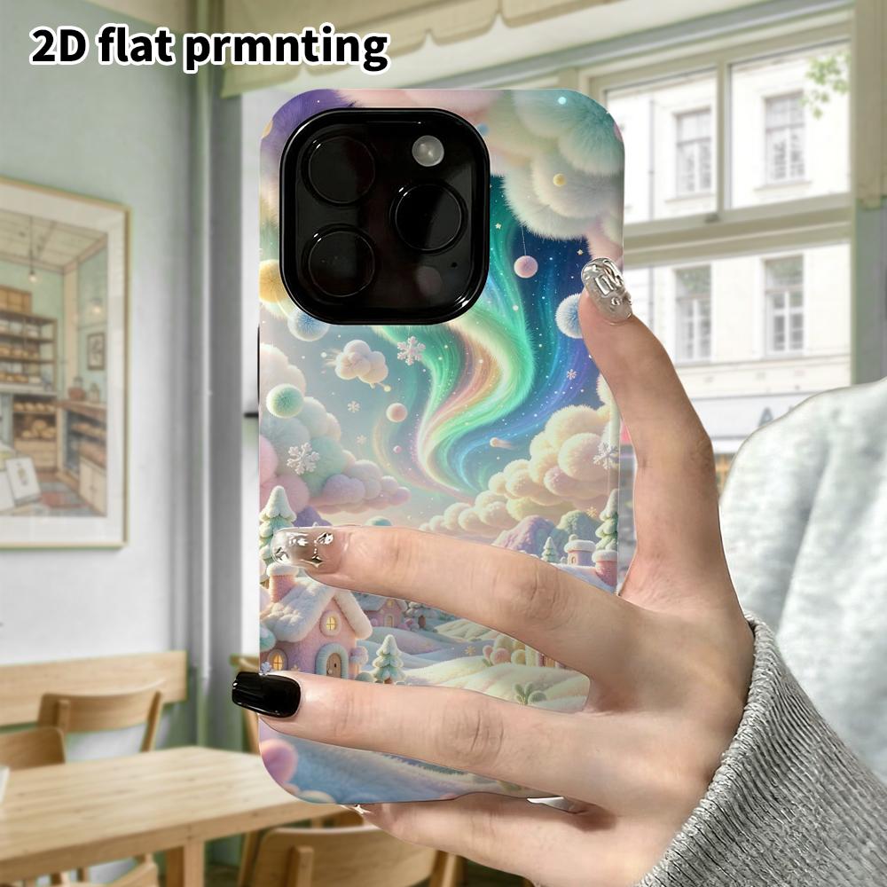 Phone Case: 2D Flat Design Suitable for iPhone 18 17 16 15 14 13 Pro Protective Case, Aurora Winter Valley, Perfect Christmas and Halloween Holiday Gi