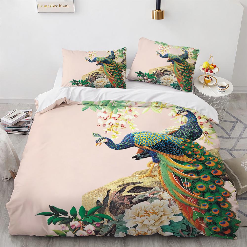Juego de Funda Nórdica de Pavo Real Microfibra Preciosa Pluma Azul Funda de Edredón Flor Rosa Suave 2/3 Piezas Aves Tema Animal Funda de Edredón