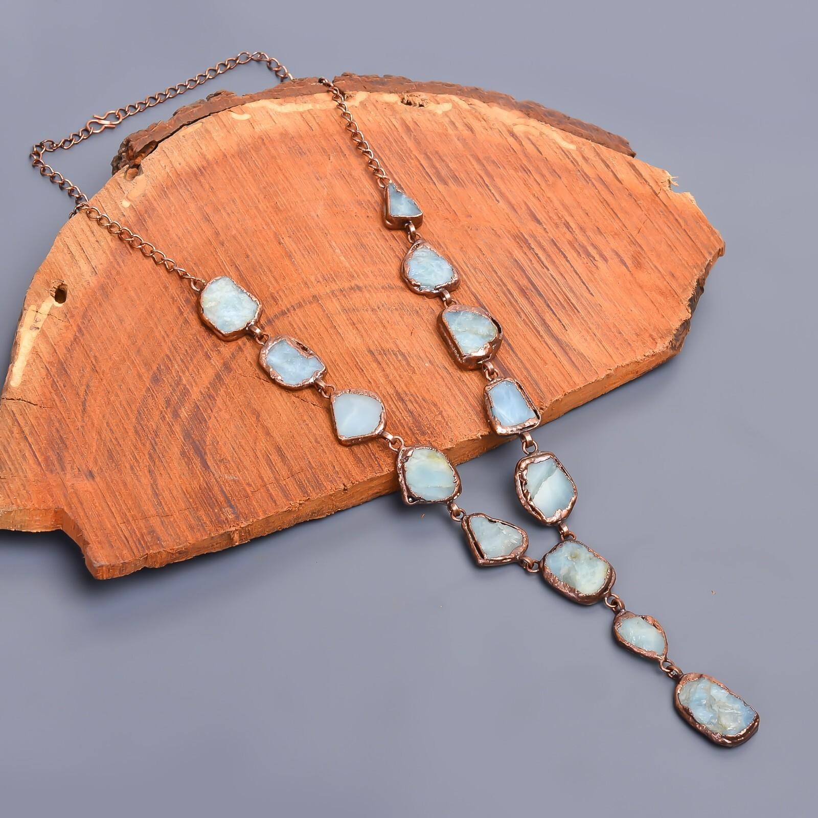 

Аквамарин Необработанный Драгоценный Камень Медь Бохо Электроформовка Подарок на День Рождения Цепочка Ожерелье V-23