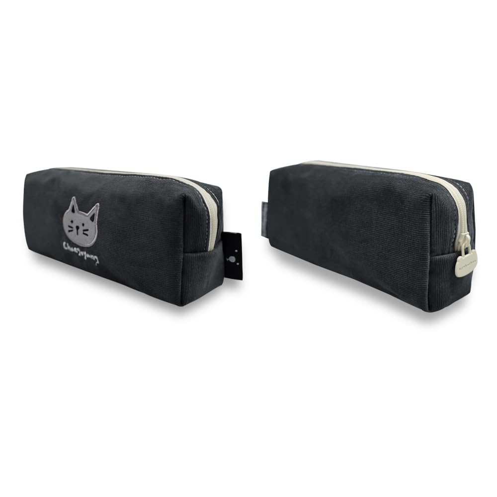 Kim Ha Chan Corduroy Face Pencil Pouch Korean Style Pencil Case Pen Holder Writing Instrument Storage (Charcoal)