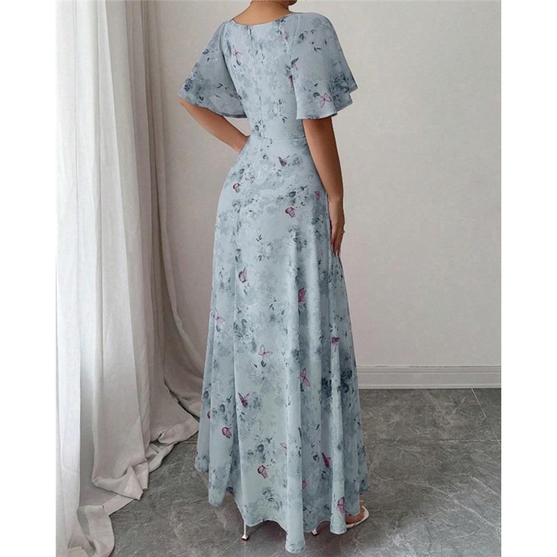 Summer New Style Women's Casual Office Dress Lotus Leaf Sleeves Printed Figure-hugging Elegant And Graceful Long Dress