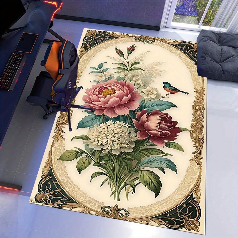 1pc Elegant Floral Bird Area Rug Crystal Velvet, Large Square Carpet with Vibrant Pink Peonies & Green Foliage, Perfec