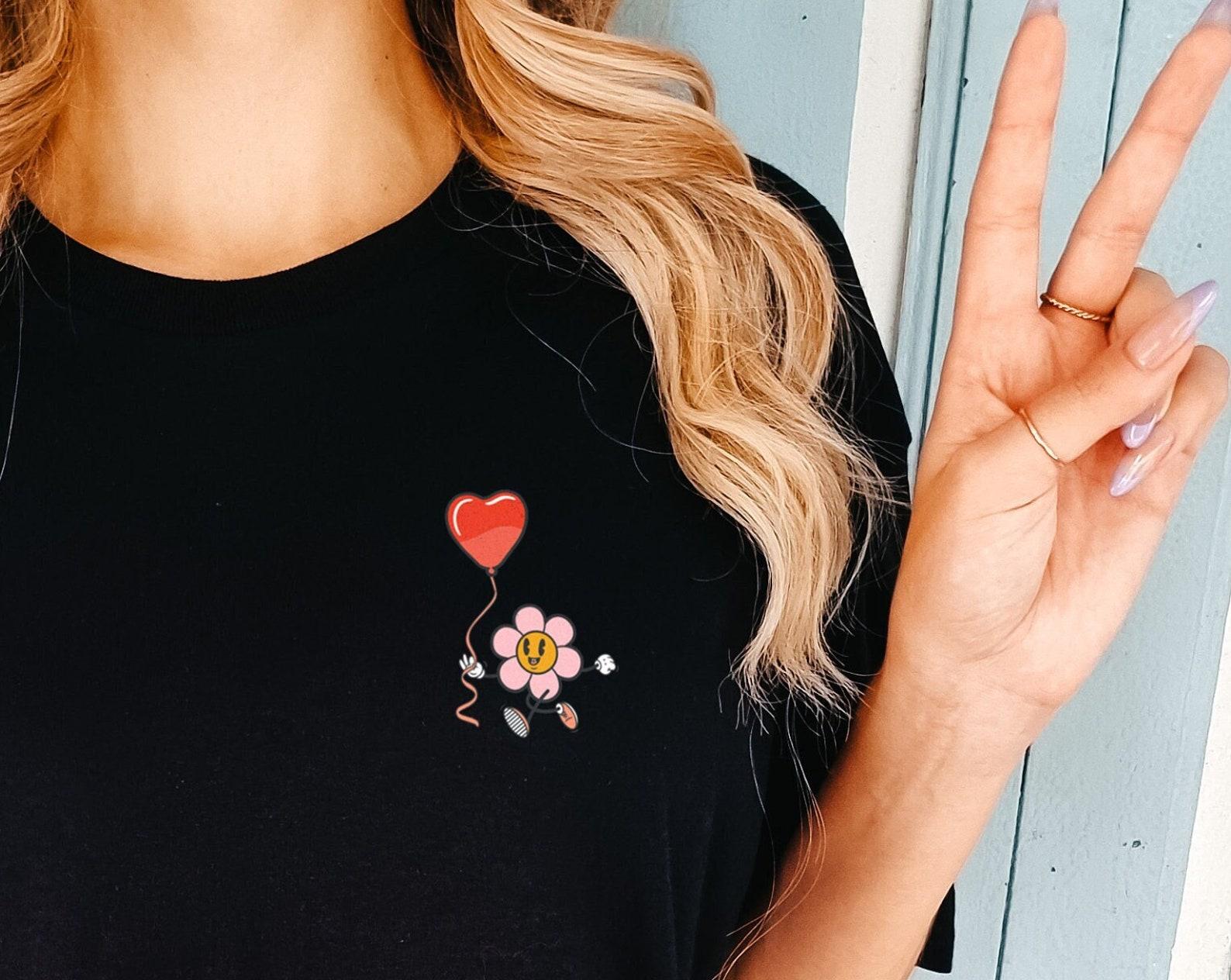 Retro Floral Pocket T-Shirt: Positive Vibes Summer Tee (Ring Spun Cotton) M