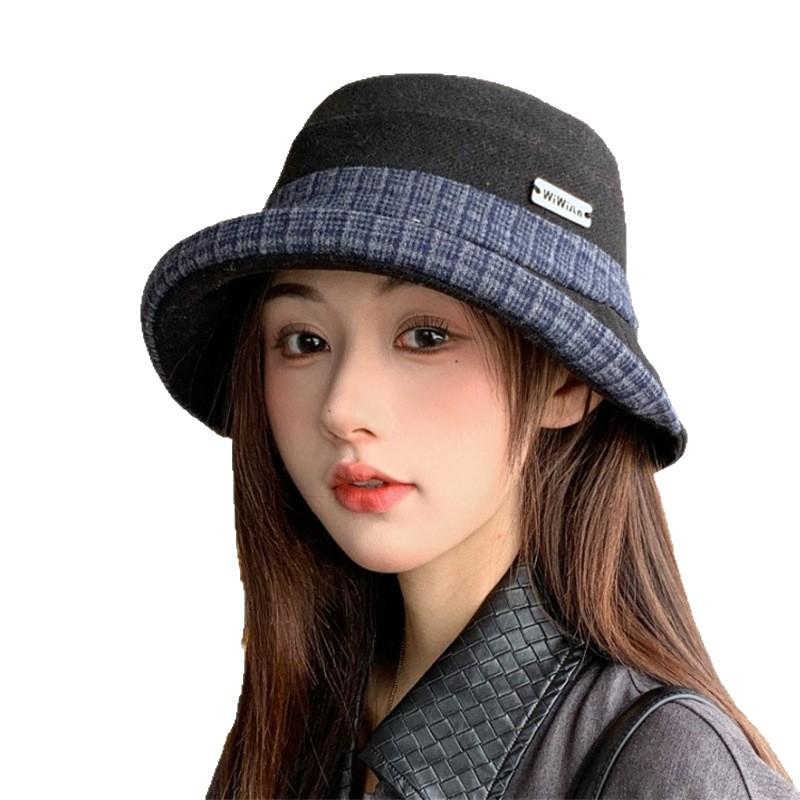 Retro plaid bucket hat women's autumn and winter curling edge shows a small washbasin hat versatile shows a small face big brim warm hat tide