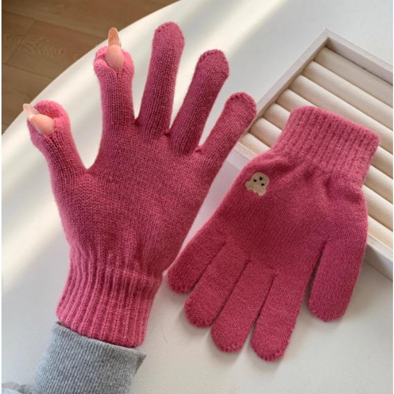 Korean Cute Bear Embroidered Wool Gloves for Women Autumn and Winter Knitted Touch Screen Student Warm Cycling Gloves Windproof