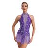 Leotardo de baile latino sin mangas para mujer, de malla transparente con patchwork, brillantes diamantes de imitación y borlas con flecos.