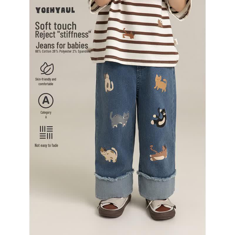 Yoyou Boys  Cat Print Straight-Leg Denim Jeans with Folded Cuffs 150 cm