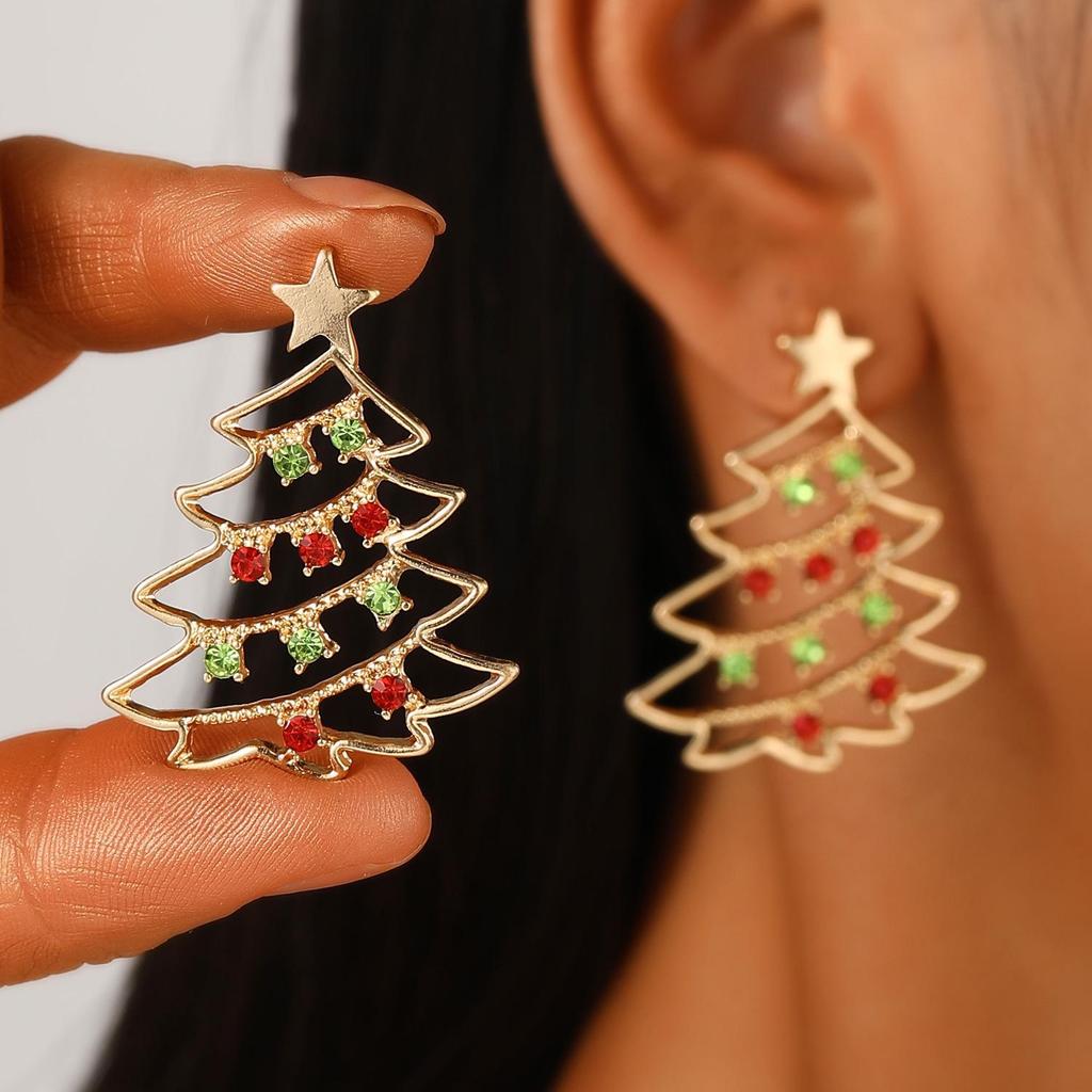 Colorful Light Luxury Christmas Tree Diamond Stud Earrings for Women