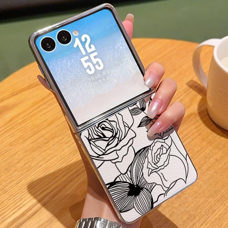 Line Flower Pattern Case For Samsung Z Fold 7 6 5 Luxury Hybrid 3in1 Leather Skin Plating Folding Phone Cover For Samsung Z Fold7 Fold6 Fold5