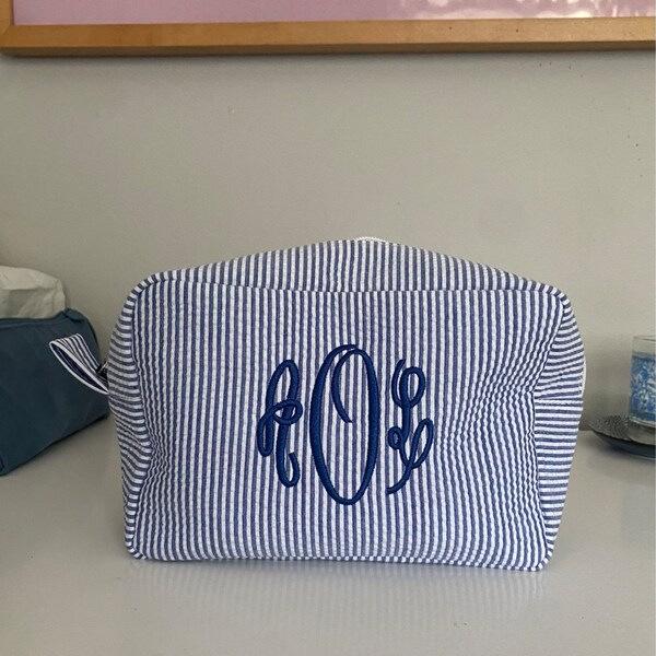 Personalized Seersucker Embroidered Striped Makeup Bag for Travel & Toiletries