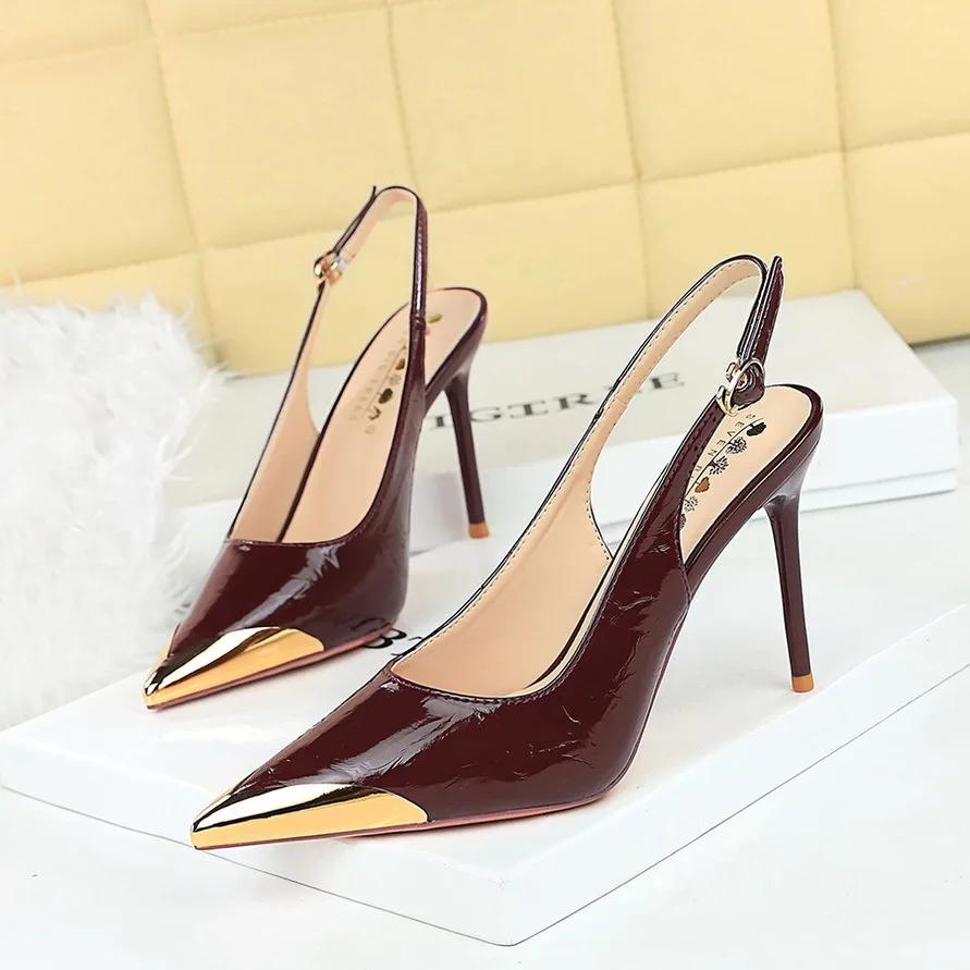 

Мода Новые Женские Каблуки 9,5 см Металлический Острый Носок Женские Туфли-Лодочки Ажурные Ремешок с Крючком Босоножки на Высоком Каблуке Женская Летняя Обувь Большой Размер 43 43 вино красного