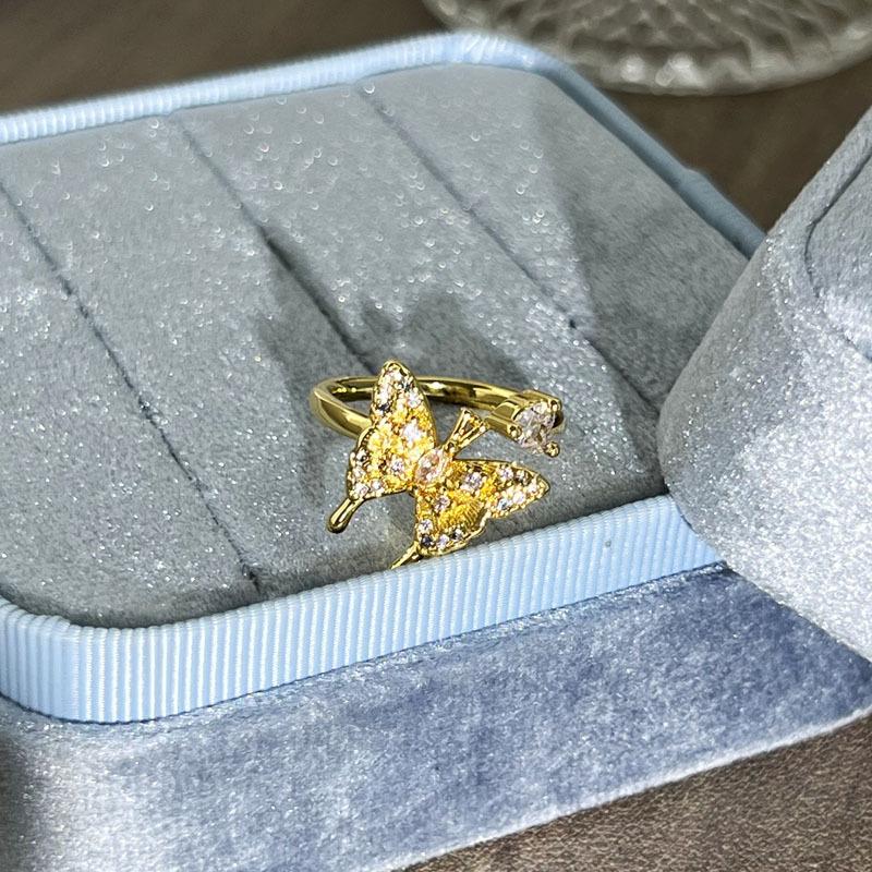 2026 Old Money Wind Exquisite Micro-inlaid Zircon Butterfly Flower Opening Ring Women's Light Luxury Geometric Stacking Wearing Versatile Niche Ring
