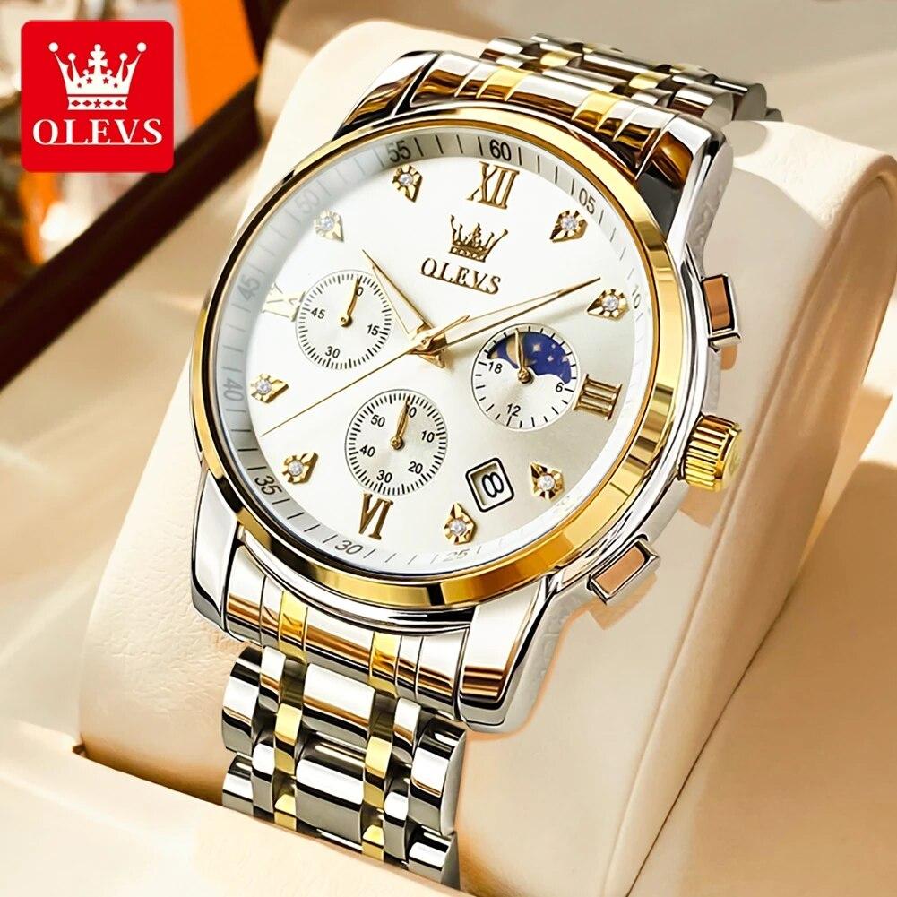 OLEVS 2858 New Moon Phase Quartz Watch for Men Stainless Steel Waterproof Anti-Scratch Luminous Chronograph Mens Wristwatch