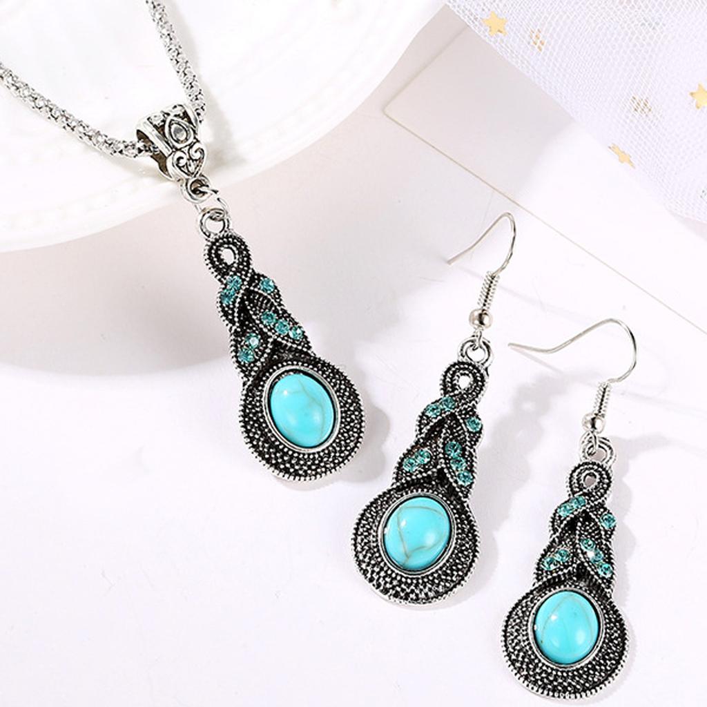 High quality simple ethnic style geometric adjustable necklace stud earrings set, fashionable fringed pendant turquoise accessories