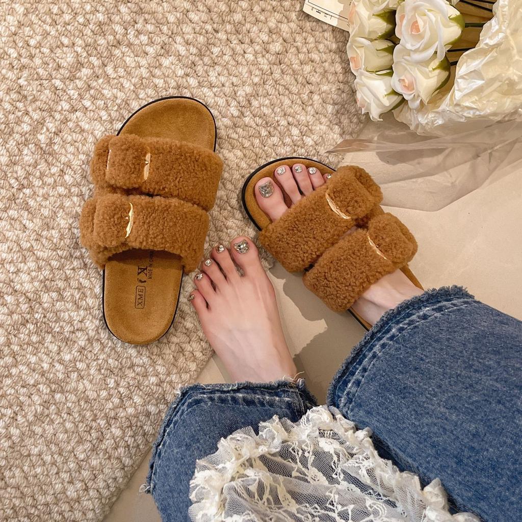 Thick-soled French Simple Open-toed Fluffy Slippers, New Women's Shoes In Autumn and Winter 2025, Wearing Versatile Cotton Slippers for Women