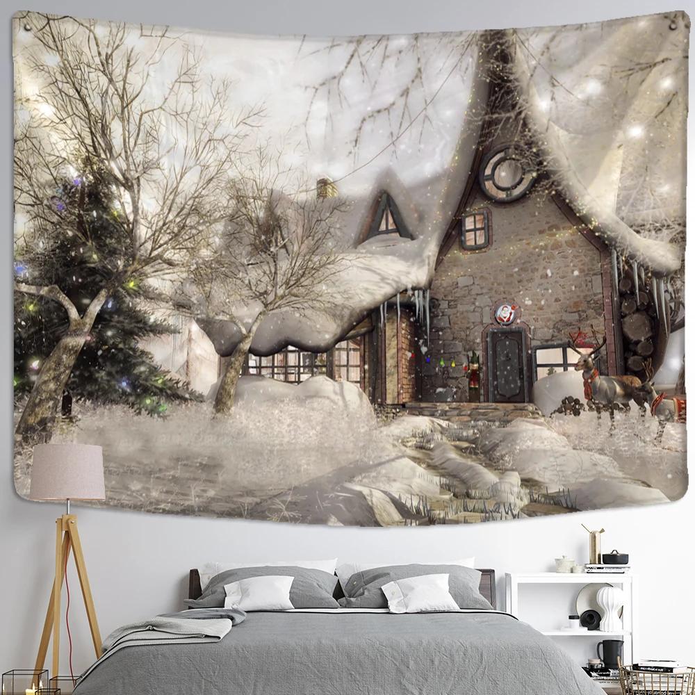 Snow Covered House Tapestry Wall Hanging Christmas Festival Natural Landscape Art Background Cloth Home Decor