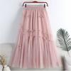 Qooth Sweet Bow Women A Line Tulle Ruffle Skirt Wide Hem Mid Length Elastic Waist Casual Skirt QT2655