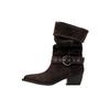 Retro mid top pointed boots  autumn/winter new solid color knight boots  mid heel pleated western cowboy boots
