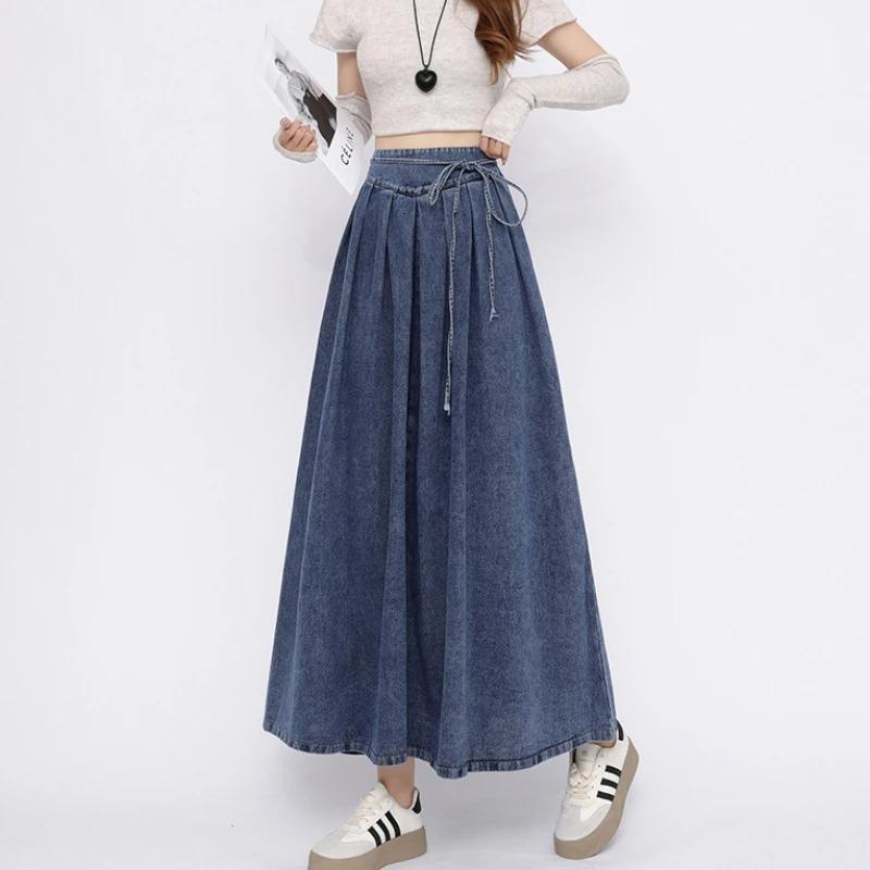 Lace Up Corset Midi Long Skirts Women Spring Summer Korea Style Vintage High Waist Jean Skirt A Line Ruffle Pleated Denim