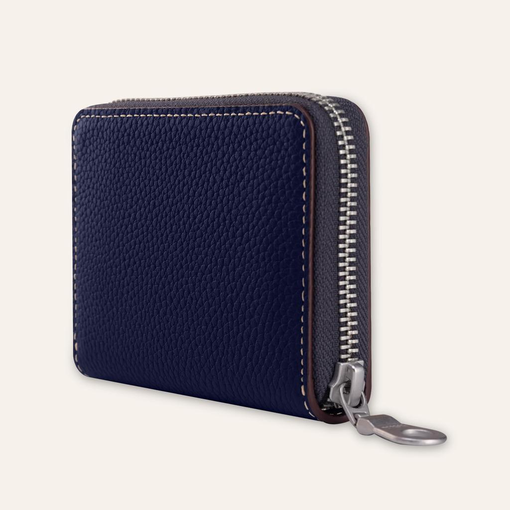 COGURE YKK Genuine Leather Compact Mini Wallet with Round Coin Card and Box Included for Men and Women Zipper, Purse, Slots, (COPZ-CP, Navy)